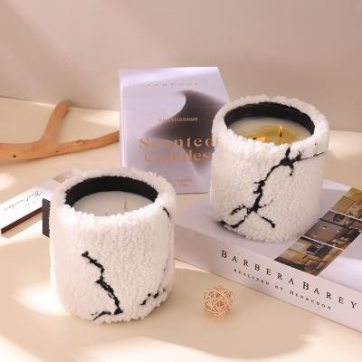 China Scented Custom Logo Luxury Fragrance Holiday Gift Smokeless Lamb Wool Cup Set Soy Wax Scented Candle for sale