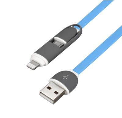 China Mobile Phone Hot Selling Noodle Flat Design 2 in 1 USB Charging Cable for iPhone and Samsung 2in1 Micro USB Cable for sale