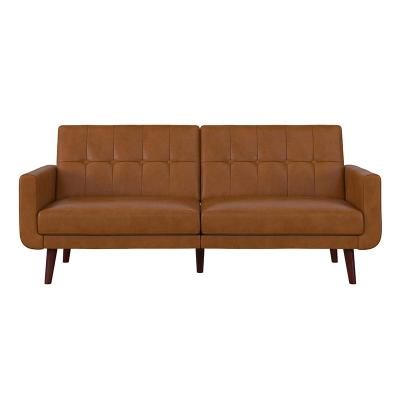 China Manufacturer Customized (Other) Simple Modern Style Adjustable Cushioned Sofa Bed Upholstered Sofas Adjustable Couch Camel Artificial Leather Sofa for sale