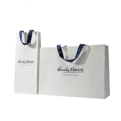 China Recyclable Wholesale Custom Printed Your Own Logo White Shopping Paper Bags With Ribbon Handles for sale