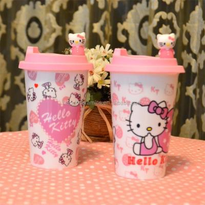 China Sustainable New Design Cartoon Ceramic Pink Travel Mug With Silicone Lid for sale