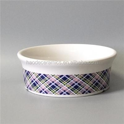 China [ZIBO HAODE CERAMIC inner&outside stripe viable copy customized white dog ceramic pet bowl] for sale