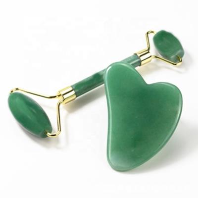 China Face Lift Natural 100% original jade green aventurine face roller and gua sha jade roller gemstone guasha set for beauty & wellness for sale