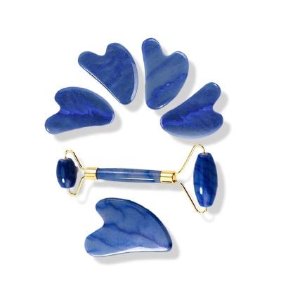 China Face Lift China Manufacturer Natural Blue Aventurine Blue Roller Jade Guasha and roller set for face Blue Aventurine gua sha jade roller s for sale