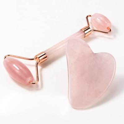 China Face Lift Custom Natural Rose Quartz Pink Crystal Gemstone Heart Body Facial Gua sha Massage Set Wholesale Face Jade Roller Gua Sha Tool for sale