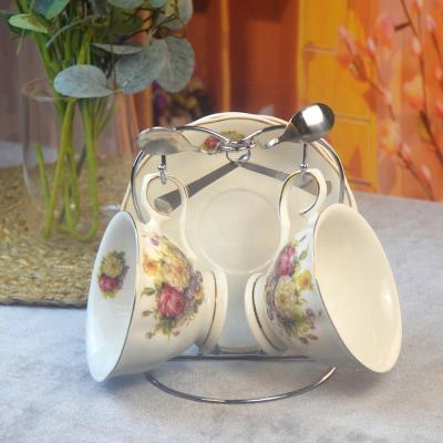 China Drop Stocked Shipping Floral Coffee Cups Porcelain Tea Cups And Saucers Set Ceramic Tea Set With Stand for sale