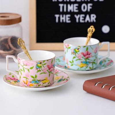 China 250ml Country Amazon Hole Sale Bone China Tea Cup Rose Coffee Cups Floral Porcelain Flower Tea Cups and Saucers Set for sale