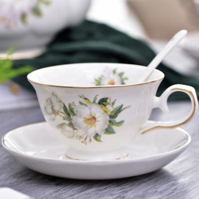 China Dropshipping Stocked Ceramic Porcelain Coffee Cup And Saucer Floral Tea Cup Set With Dish Spoon for sale