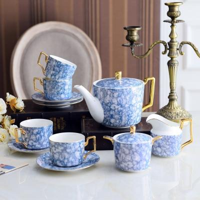 China Sustainable Ceramic Blue Marble Tea Cup Set 15pcs Porcelain Coffee Teapot Set for sale