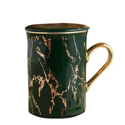 China Viable Creative Ceramic Red Color Souvenir Ceramic Green Black Mug With Gold Handle Porcelain Gold Marble Cups for sale