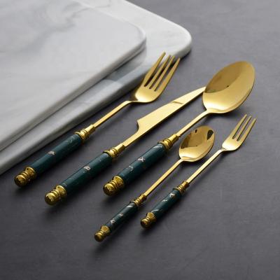 China Minimalist Drop Shipping Stainless Steel Gold Cutlery Vintage Marble Fork Knife Spoon For Wedding for sale