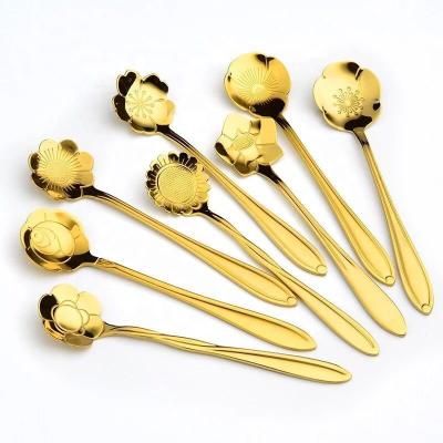 China Sustainable Stainless Steel Gold Tea Spoon Short Coffee Floral Spoon for sale