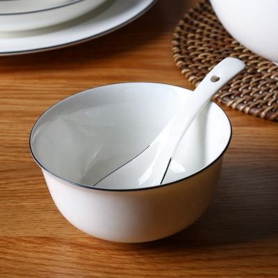 China Viable Classic Black Line Customized Cereal Bowl Porcelain Ceramic White Rice Bowl for sale