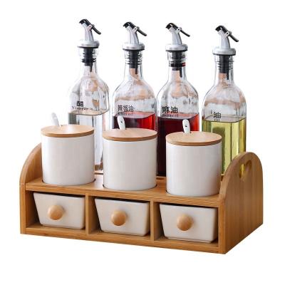 China Stored Ceramic Sugar Salt Jar Set Glass Bottle For Wood Tray Pepper Spice Storage And Oil Porcelain Set for sale