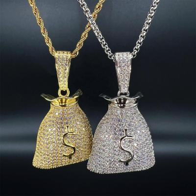 China 2022 Hyperbole Hip Hop Necklace Men Ladies Long Gold Silver Pendant Chain Big Dollar Sign Fashion Jewelry Money Bag Brand New for sale