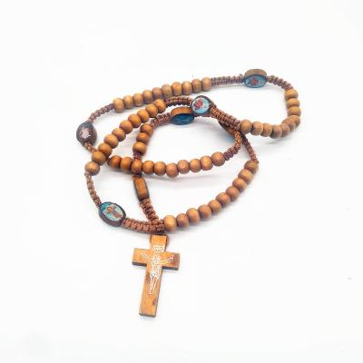 China Custom Colored Wooden Cross Religious Christian Rosary Necklace for sale