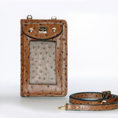 China Hot Sales Ostrich Leather Phone Card Holder Wallet Cell Phone Wallet Cards Ladies Phone Wallet With Long Strap for sale