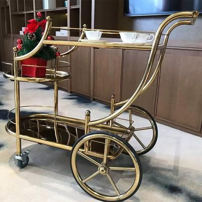 China European style metal hotel restaurant food delivery vehicle venue mobile trolley commercial three-layer golden liquor truck for sale