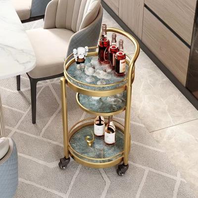 China High grade beverage trolley three-layer metal cake cart bar marble round tea cart mobile rack for sale