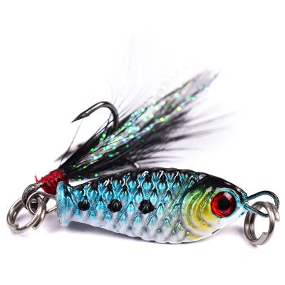 China Unpainted Vivid Fish Action 3D Eyes 25mm Vib Metal Swimming Lure With Feather Hooks 5g Barbed Baits for sale