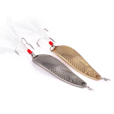 China Vivid Fish Action Swimming Newcomer Direct Selling Hard Baits Gold Color Fishing Empty Spoons With Feather Hook for sale