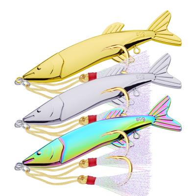 China Vivid Fish Action 122mm Swimming Metal 80g Hard Baits 3 Colors Big Fishing Spoon For Bass Snakehead With Two Feather Hooks for sale