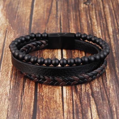 China Stainless Steel Lava Stainless Steel Braided Leather Bracelet Men's Casual/Sporting Natural Stone Stone Bracelet Titanium Steel Bracelet for sale