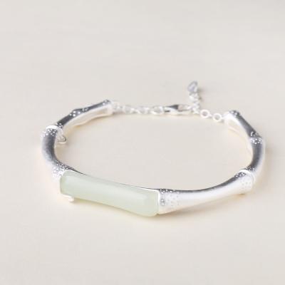 China Silver Inlaid Natural Simplicity S925 Hetian Jade White Jade Bamboo Bangle Bracelet for sale