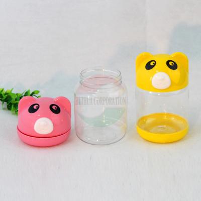 China Custom Food/Candy/Nuts Kids Candy Candy Cartoon PET Round Plastic Candy Jar for sale