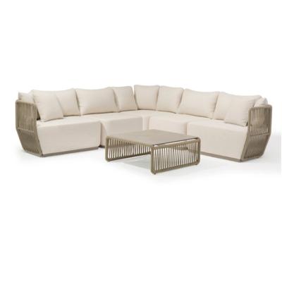 China Modern Home Sofa Set Furniture Outdoor Lounge Sofa Brushed Aluminum Tight Rope Villa Hotel Weaving 5 Seater Outdoor Sofa for sale