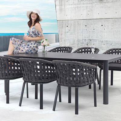 China Modern 6 Chair Outdoor Garden Sets Rattan Furniture PVC Rubber Webbing Weaving Dining Outdoor Patio Furniture Chairs and Tables for sale