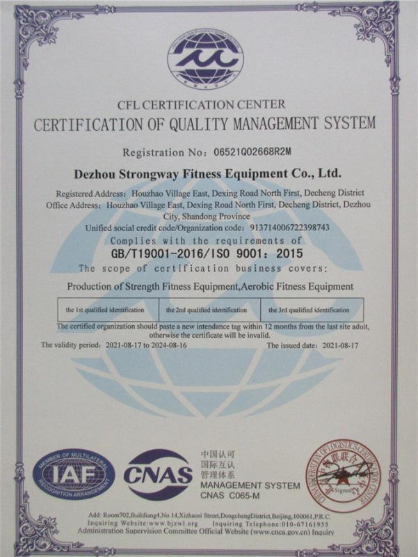 ISO9001 - Dezhou Strongway Fitness Equipment Co., Ltd.