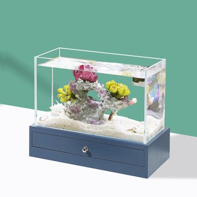 China New Design Mini Viable High Definition Aquarium Glass Volume 5L Ultra Improve Plants Wood Base Transparent Small Fish Tank for sale