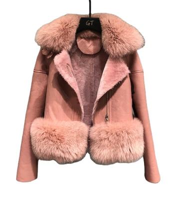 China Wholesale Anti-Shrink Genuine Leather Shearling Shearling Shorts Real Fur Coat With Fox Fur Collar for sale