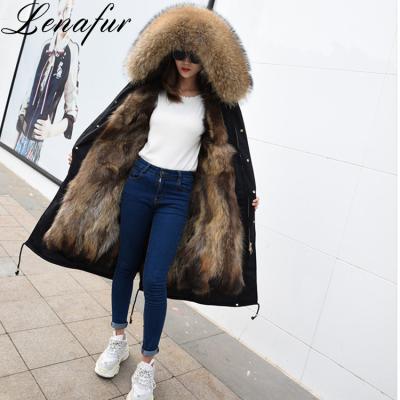 China Other 30 Colors Medium Long Winter Real Raccoon Fur Trimmed Hooded Fur Parka Coat For Women for sale