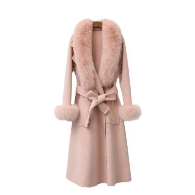 China Long Coat 2021 Elegant Lady Cashmere Woolen Overcoat Anti-shrink Wool Wither Real Fox Fur Collar Women Ditch Coat With Belt for sale