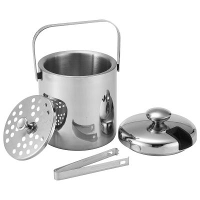 China Sustainable Factory SS304 Stainless Steel 1.3L Ice Bucket With Lid And Strainer Double Wall Cooler for sale