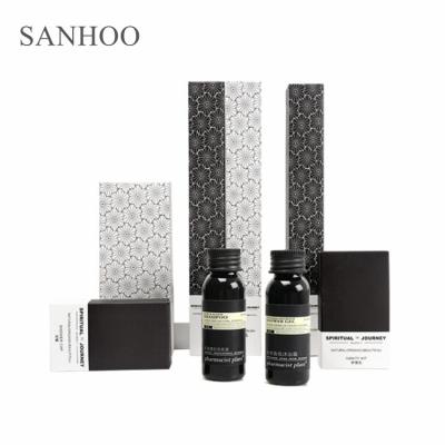 China SANHOO Biodegradable Hotel Amenities Toiletries Botol Kit Hotel Amenities 45ml Hitam for sale