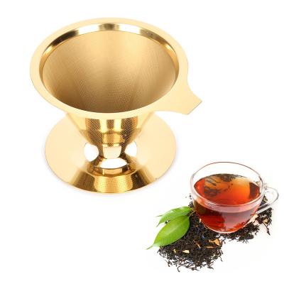 China Sustainable Portable Double-Layer Pour Over Reusable Gold Metal Stainless Steel Cone Drip Coffee Strainer Filter Mesh With Handle for sale