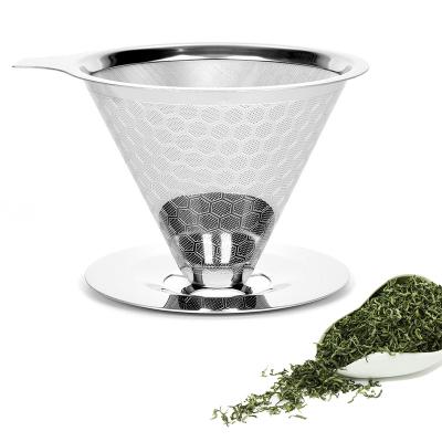 China Sustainable Minimalist Silver Portable Permanent Stainless Steel Pour Over Reusable Metal Coffee Filter Mesh With Base for sale