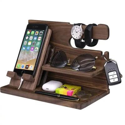 China Creative Natural Wooden Desk Organization Gifts For Men Wooden Docking Station Organizer For Cell Phone Desktop Smart Watch Charging Stand Holder for sale