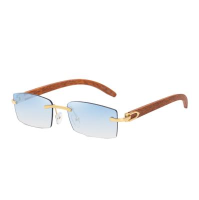 China 2021 fashion sunglasses shape small rectangle men sunglasses design sunglasses vintage wood grain gradient rimless sunglasses for sale