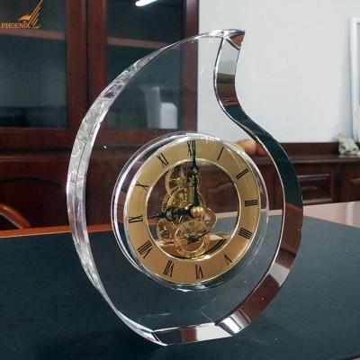 China Custom Europe Honor Engrave Standing Crystal Table Clock Trophy Plaque Souvenir Gifts for sale