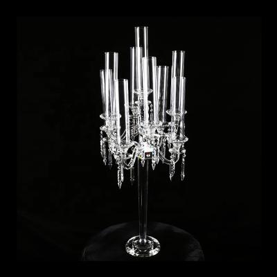 China Home Decor Pujiang Candelabra Tall Clear Crystal 9am Wedding Table Centerpieces Decoration With Long Glass Hurricane On Sale for sale