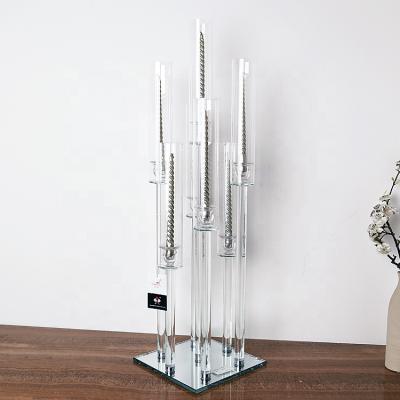 China 7am Tall Weddings Classic Table Centerpiece Wedding Clear Crystal Candelabra Long Pillar Glass Tubes Cheap Candle Holders On Sale for sale