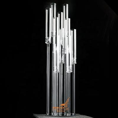 China Unique Art Wedding Modern Crystal Arm Floor Candelabra Stand 10 Long Glass Wedding Pillar Candle Holder Centerpiece With Tube Cylinder On Sale for sale