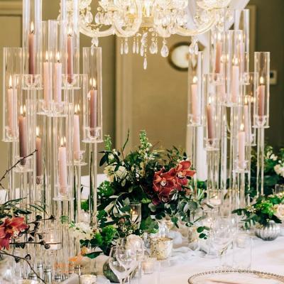 China Modern Elegant Tall Clear Crystal Weddings 10 Arms Glass Tubes Candelabra Tree Centerpieces With Covers For Wedding Table Decoration for sale