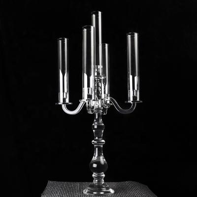 China Cheap Tall 80cm Height Base 5 Arms Elegant Wedding Crystal Table Centerpiece Candelabra Glass Candle Holder Glass Tubes For Sale for sale