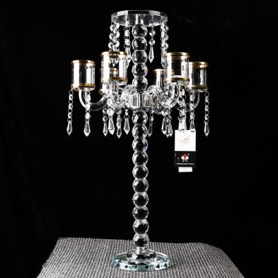 China Wholesale Home Decoration 5am Crystal Candelabra For Wedding Table Centerpieces Flower Stand Candlestick With Hanging Crystals On Sale for sale