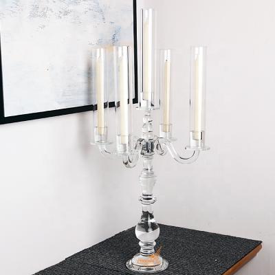 China Luxury Unique Wholesale Glass 5 A.M. Crystal Candelabra Candle Holder Wedding Centerpieces With Tube Lamp Shade for sale